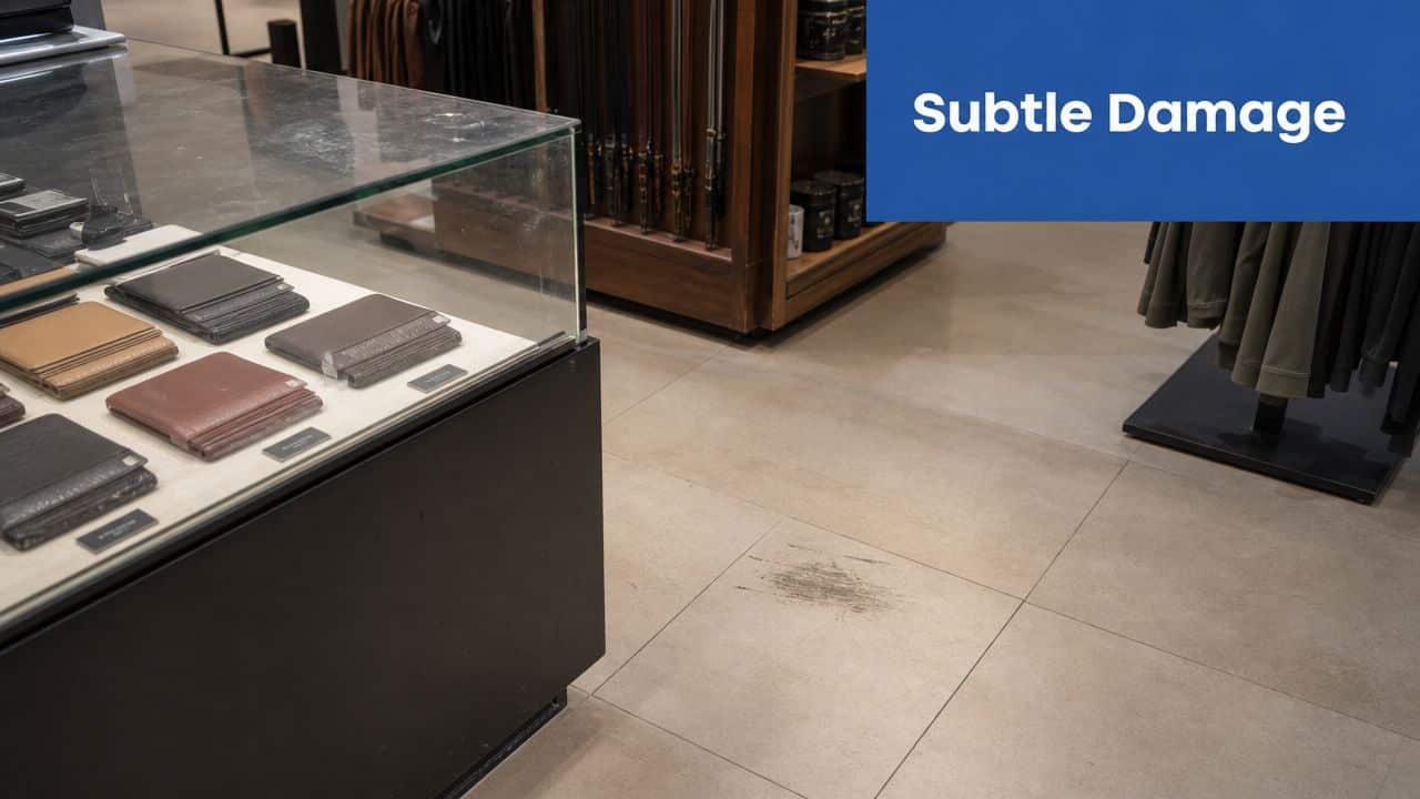 A dirty scuff mark on the tiled floor of a retail store next to a display case.
