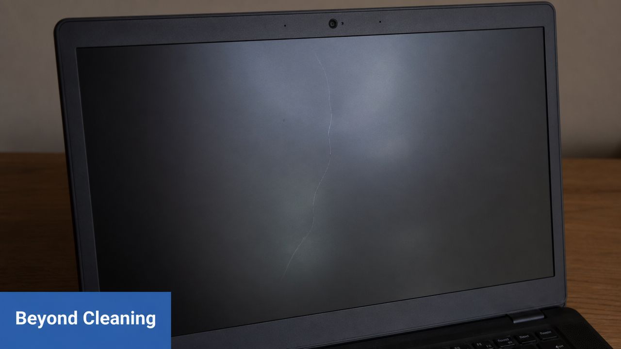 A close up view of a laptop monitor displaying a large vertical crack on the screen surface.