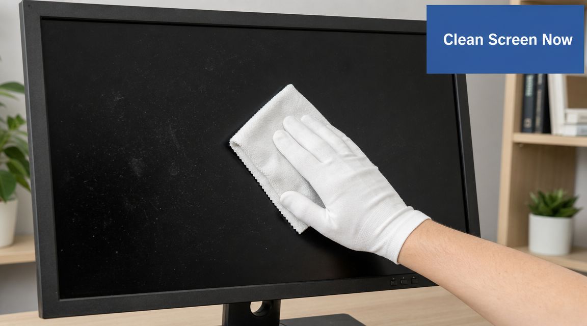 A person wearing a white glove wipes dust from a black computer monitor with a cloth.