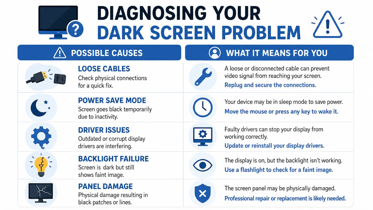 A guide infographic explaining potential causes and solutions for a dark computer screen problem, including hardware and software tips.