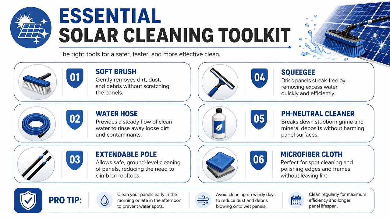 An infographic detailing the essential tools needed for safely and effectively cleaning solar panels.