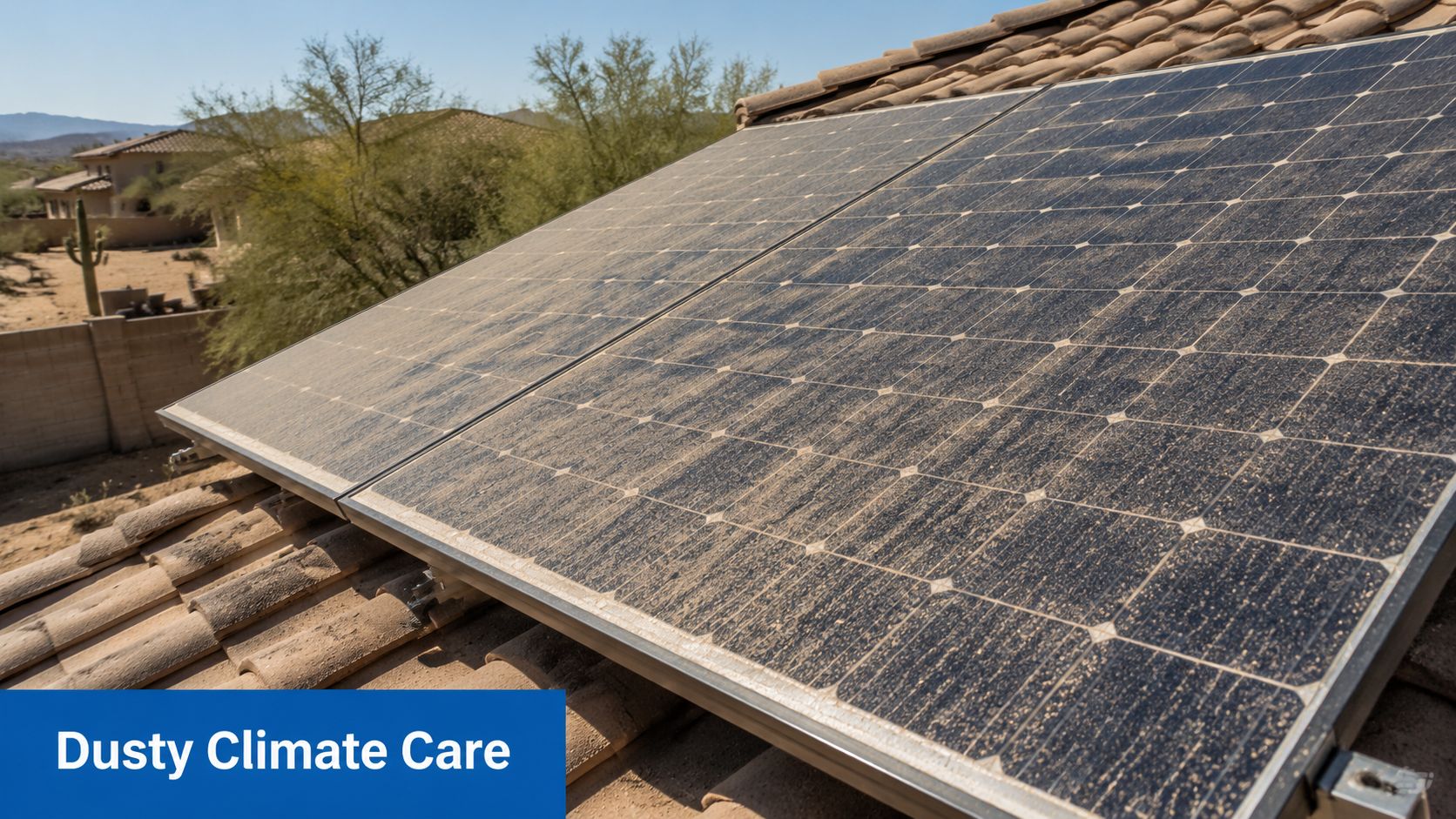 A close-up view of dirty, dust-covered solar panels installed on a residential roof in a desert environment.
