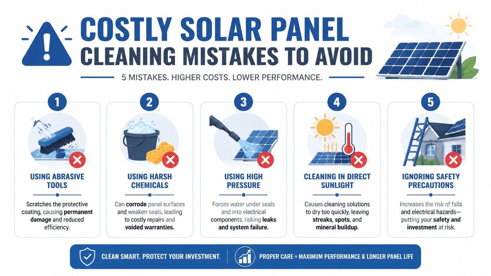 An infographic detailing five common and costly mistakes to avoid when cleaning residential solar panels.