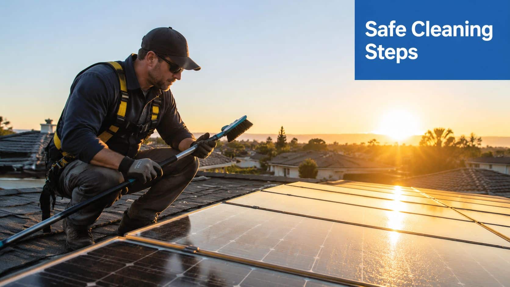 A professional technician carefully cleaning solar panels on a residential roof during a beautiful sunset.
