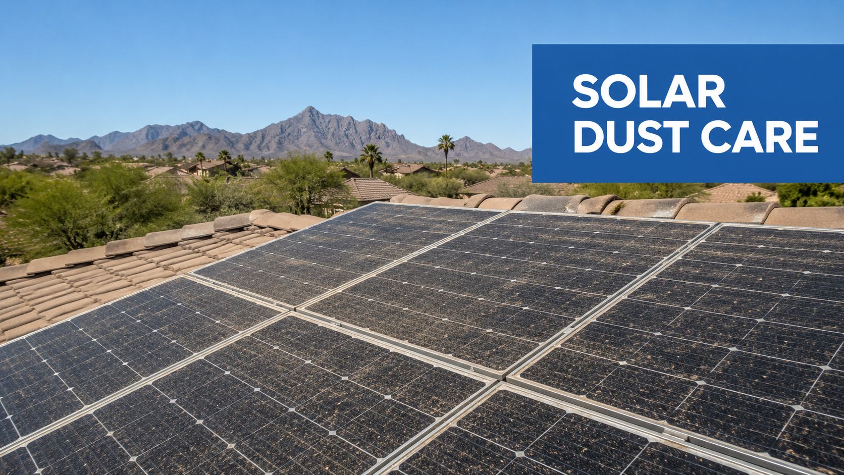 A close-up view of dirty solar panels on a residential roof in a desert landscape.