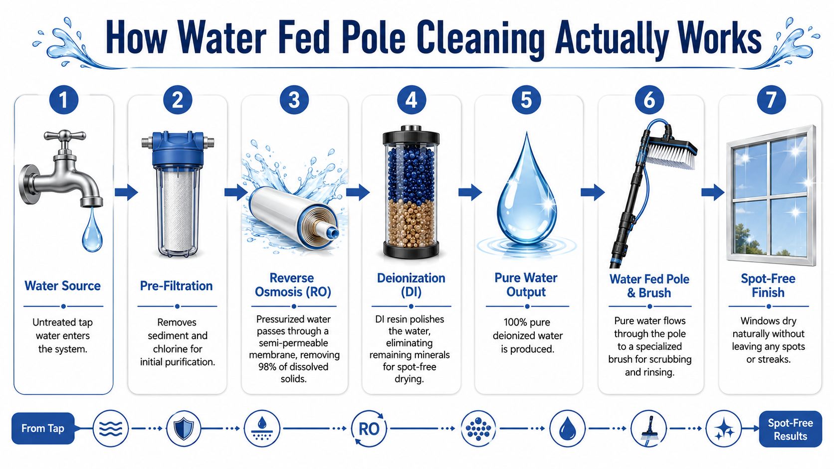 An infographic illustrating the seven steps of the water fed pole window cleaning process from tap to finish.