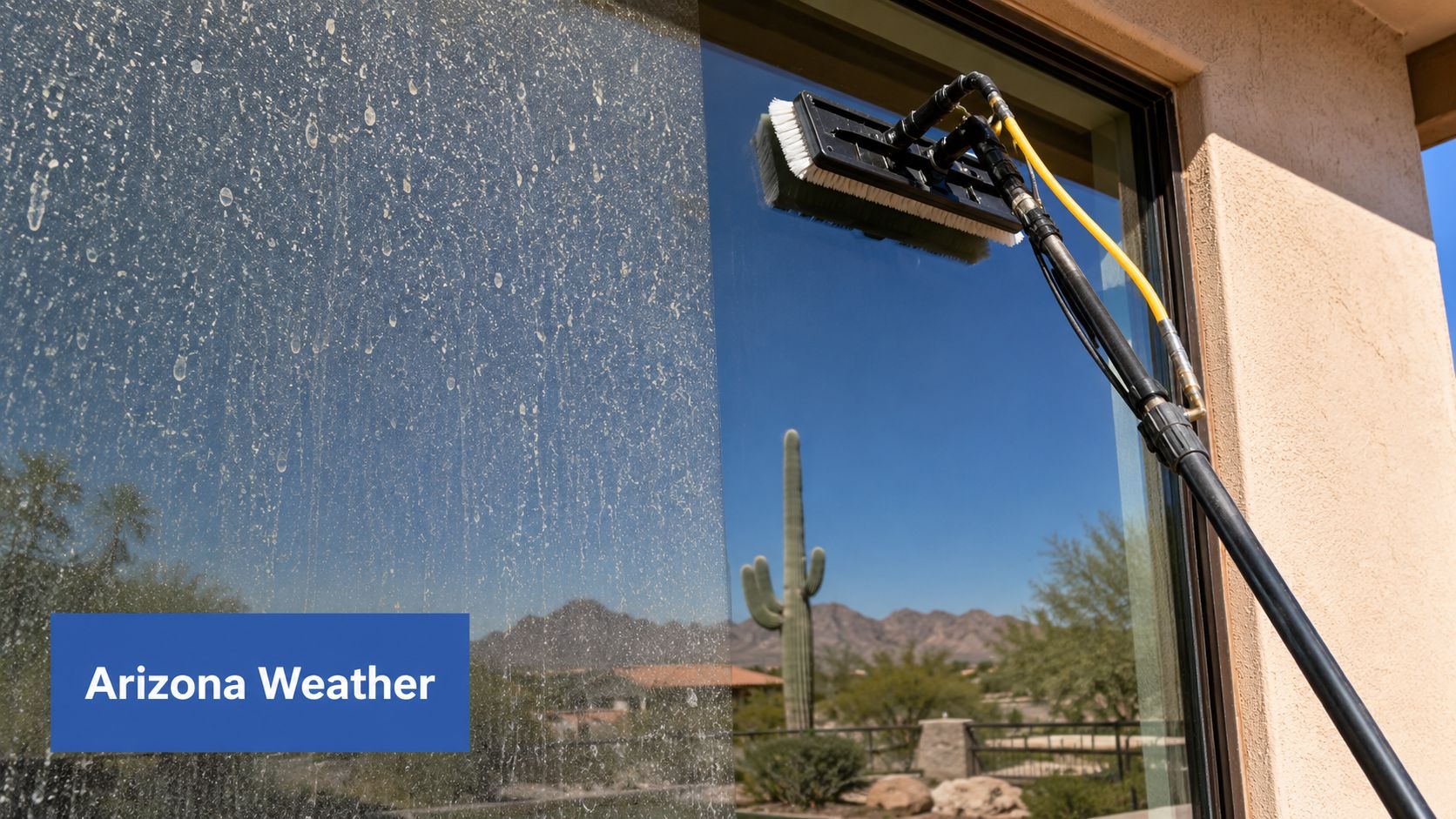 A professional window cleaner uses a water fed pole to scrub a dirty residential glass window.