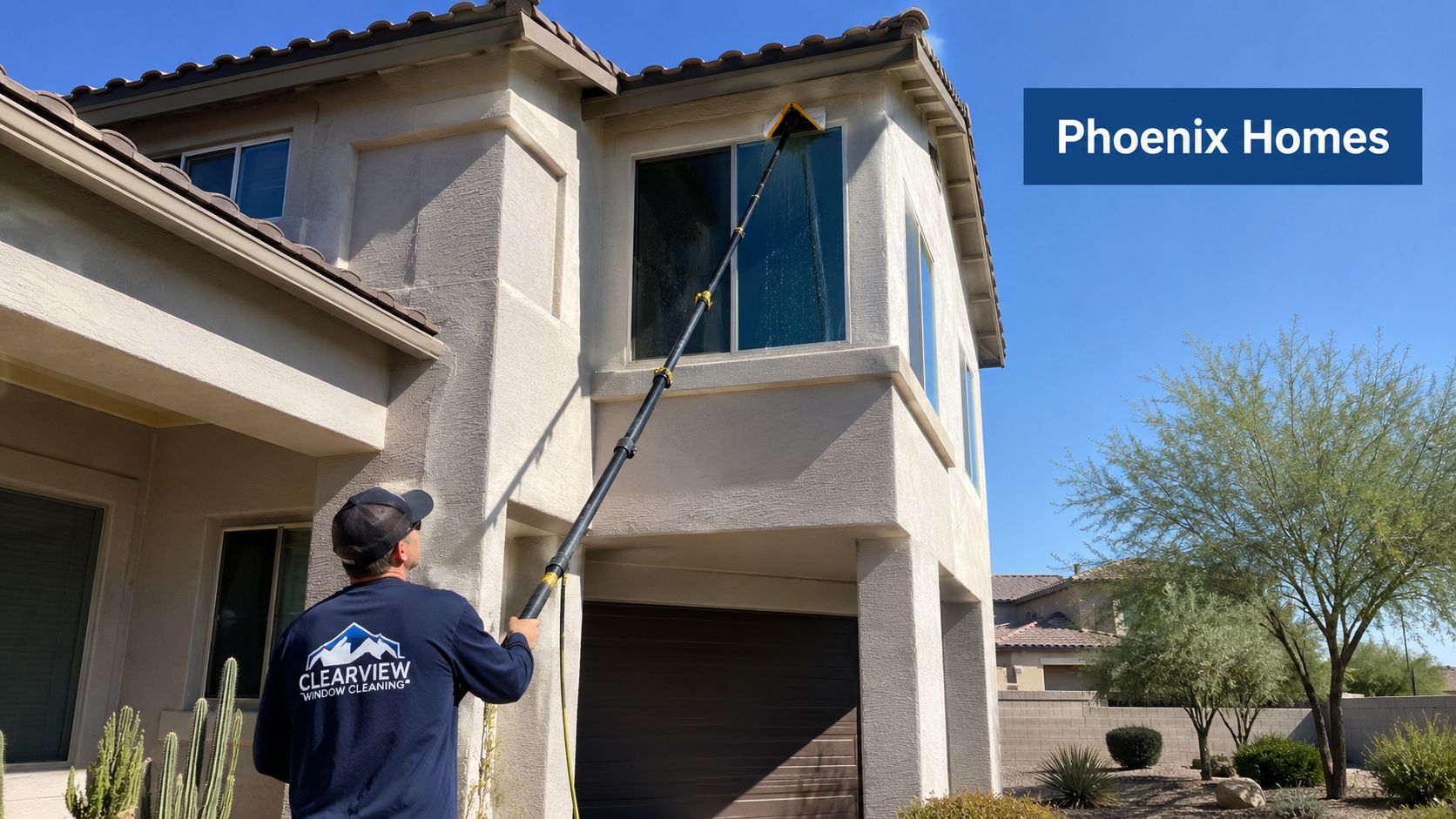 A professional window cleaner using a water fed pole to wash high windows on a suburban home.