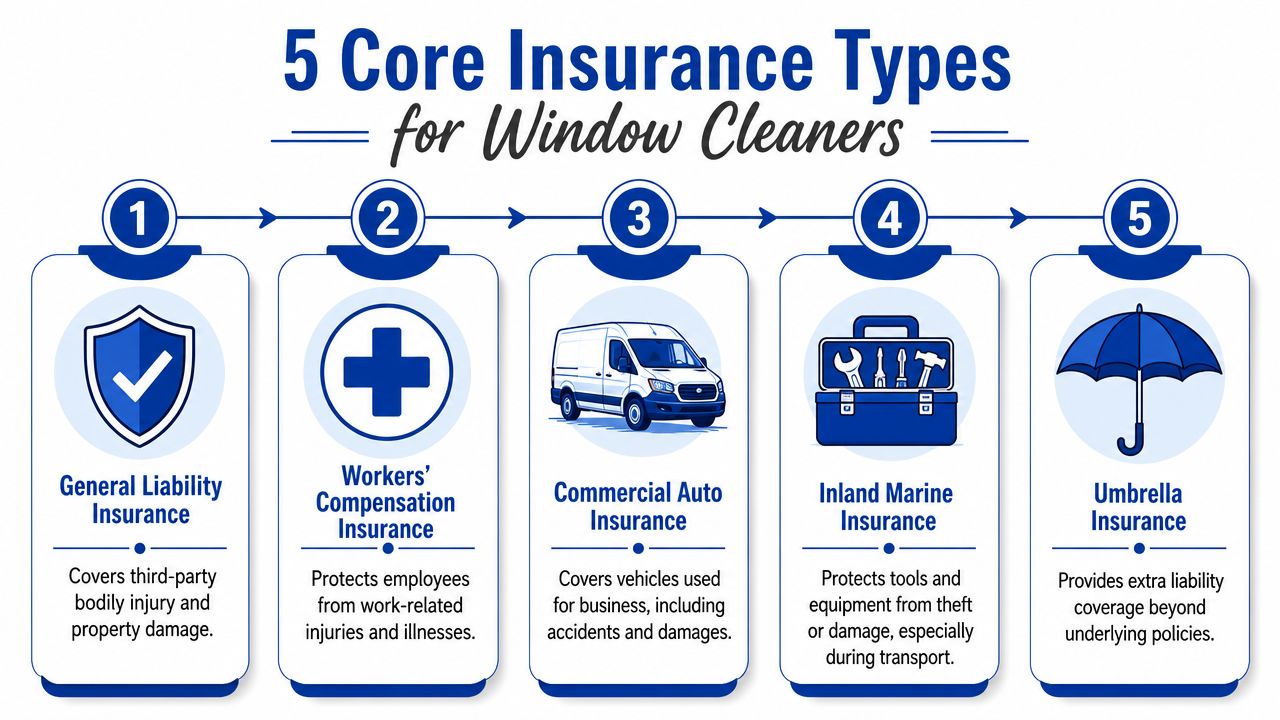 An infographic detailing five essential types of business insurance for window cleaning professionals, including brief descriptions.