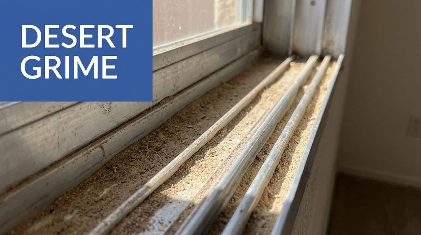 A close-up view of a dusty window track filled with sand and desert grime inside a home.