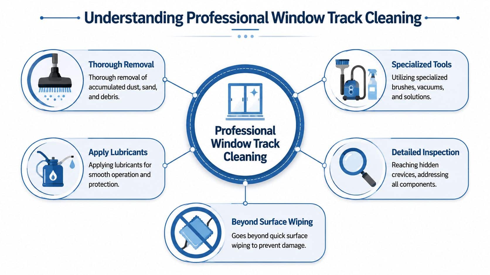 An infographic titled Understanding Professional Window Track Cleaning, illustrating key steps like debris removal and using specialized tools.