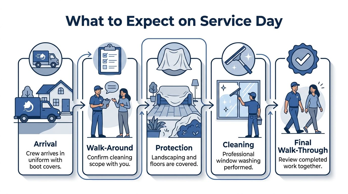 An infographic showing the five-step process for a professional window cleaning service day experience.