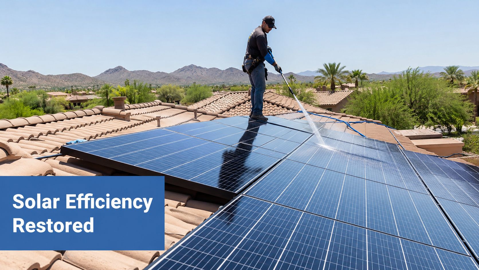 A professional technician carefully cleans solar panels on a residential roof to improve their energy efficiency.