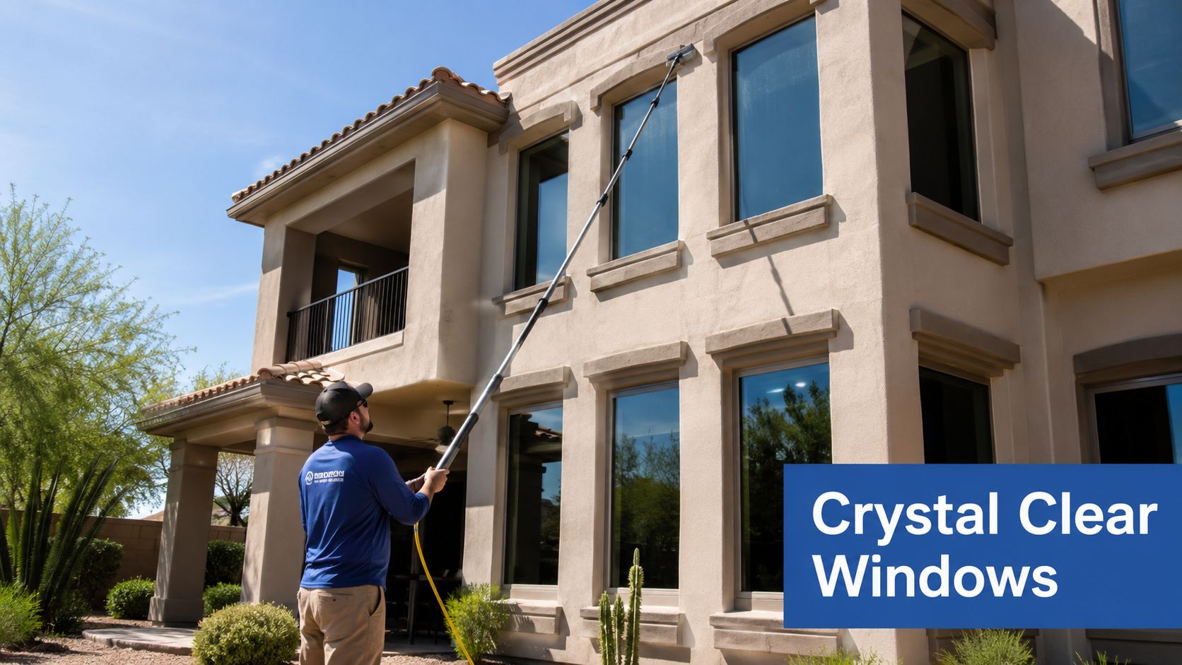 A professional window cleaner uses an extended pole to clean the windows of a residential home exterior.