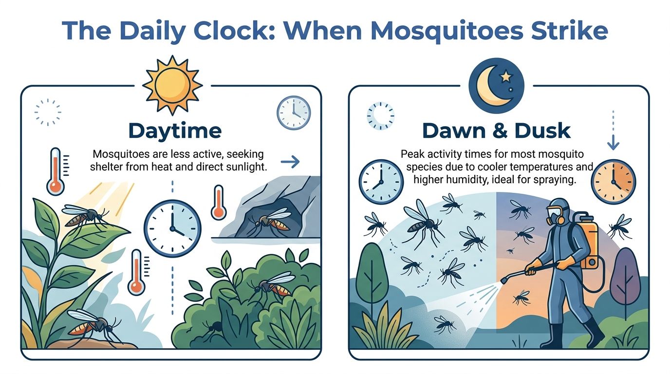 An infographic showing that mosquitoes are inactive during the day and active at dawn and dusk.