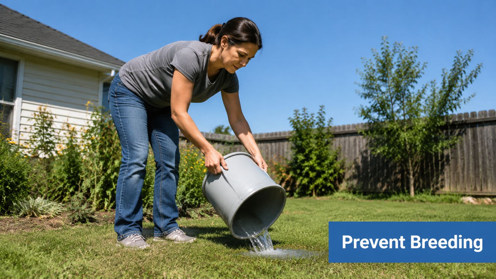 A woman pouring water out of a grey bucket onto the lawn to prevent mosquito breeding grounds.