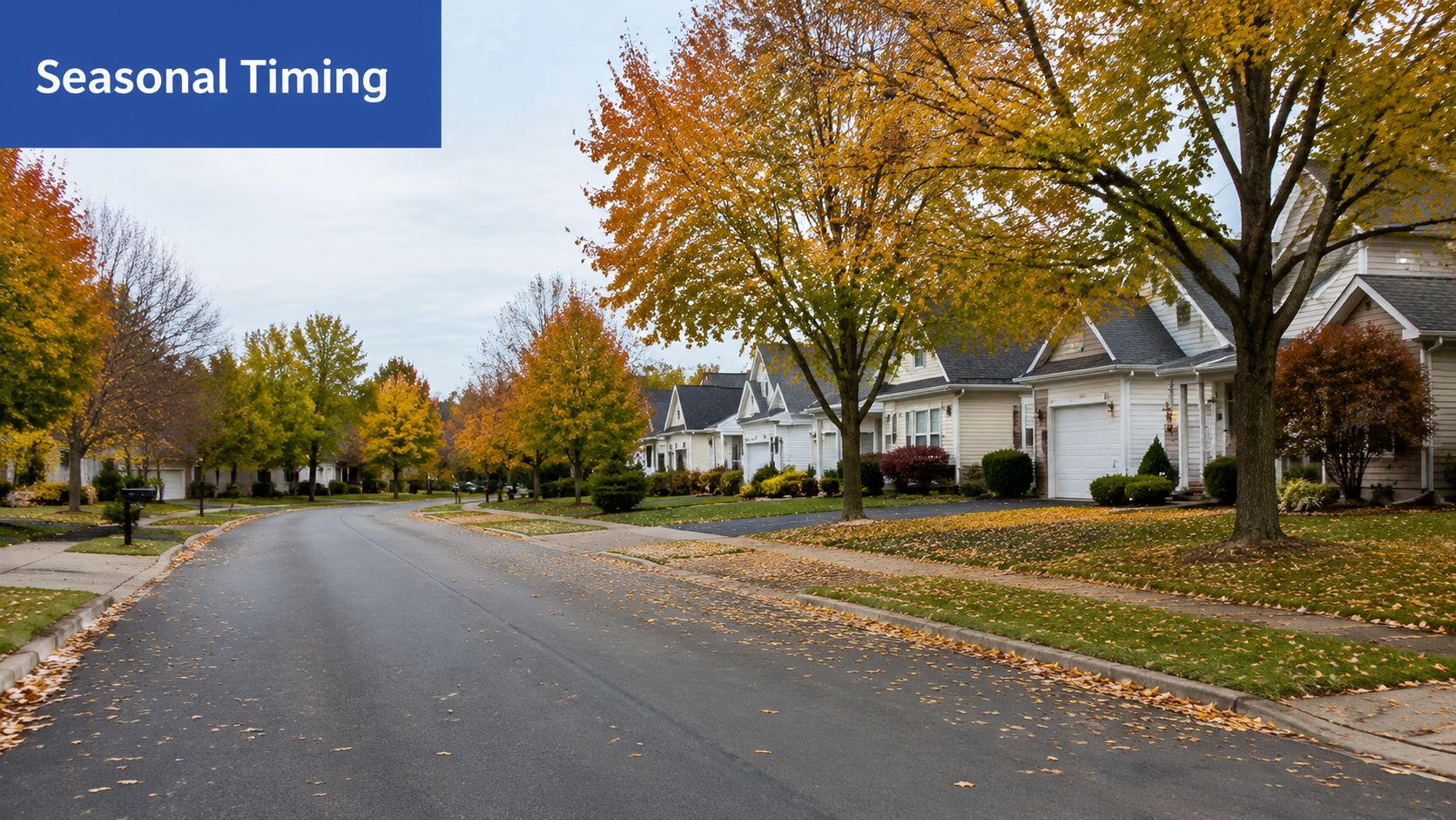 A quiet suburban residential street lined with houses and trees showing colorful autumn fall foliage.