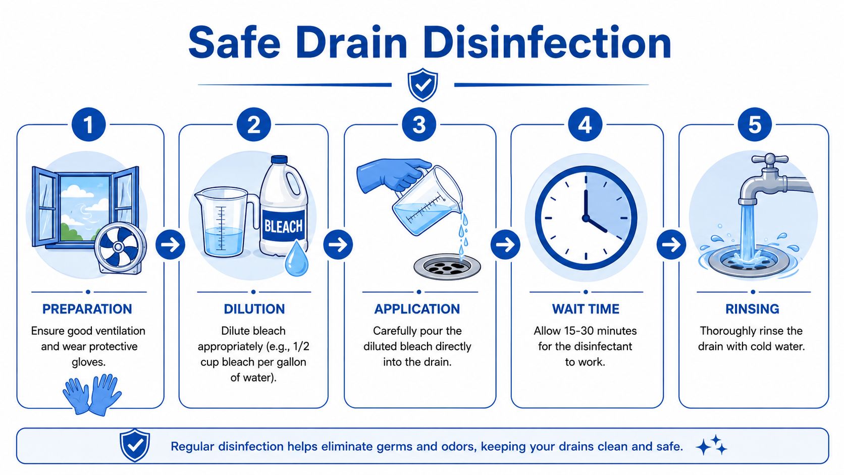 A five-step infographic showing how to safely disinfect drains using diluted bleach and proper ventilation.