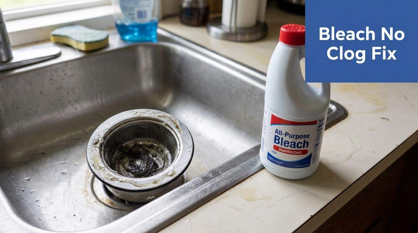 A bottle of all-purpose bleach next to a kitchen sink containing a drain basket filled with hair.