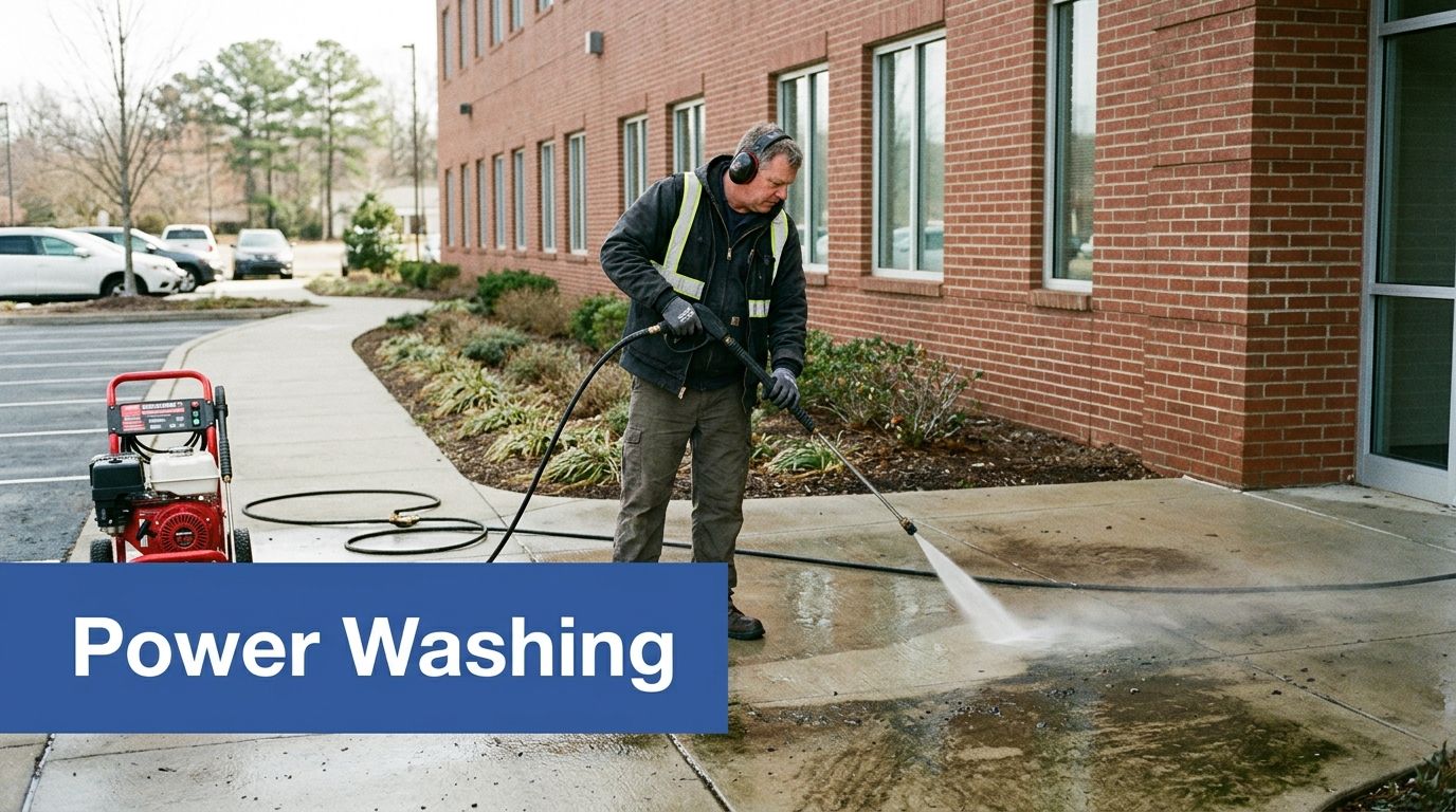 A professional worker using a high-pressure power washer to clean a concrete sidewalk outside a commercial building.