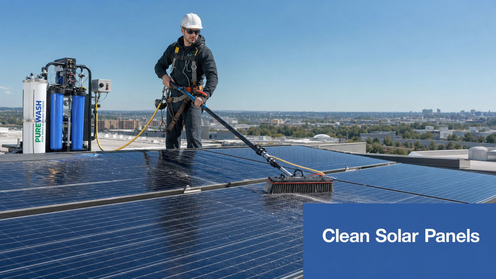 A professional technician wearing a safety harness and hard hat cleans rooftop solar panels using specialized equipment.