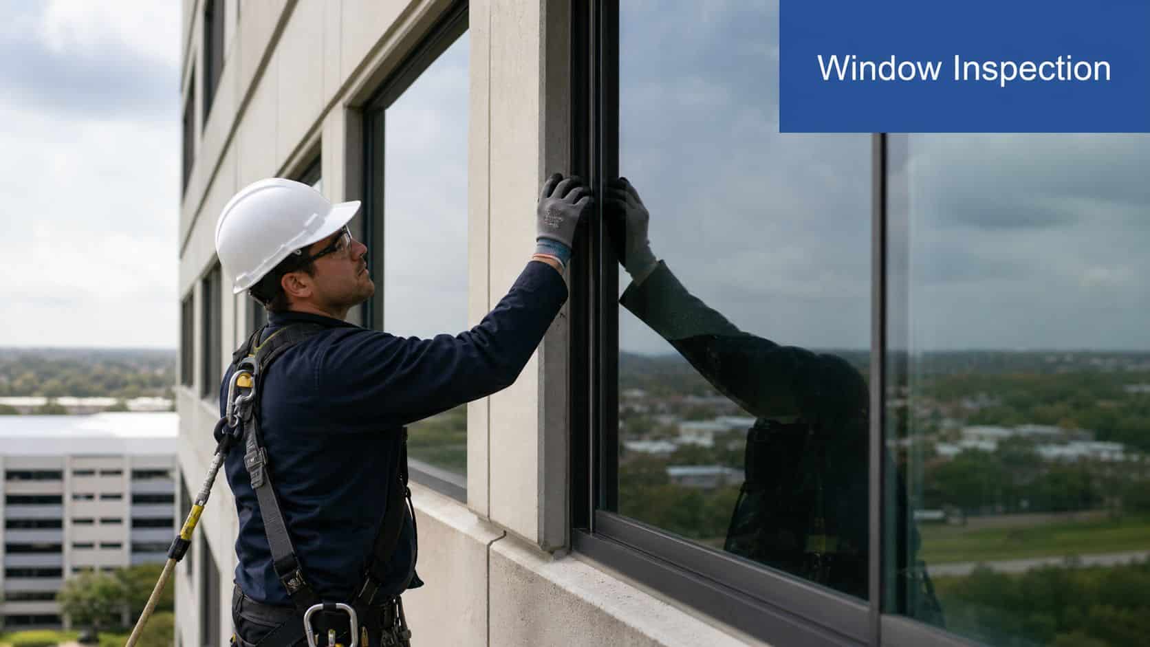 A professional technician wearing safety gear inspects high-rise windows from the exterior of a building.