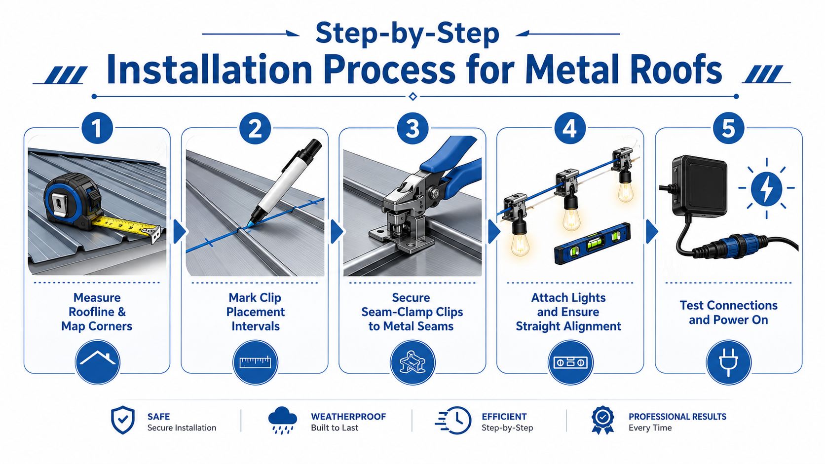 A five-step infographic showing how to install Christmas light clips on a metal roof.