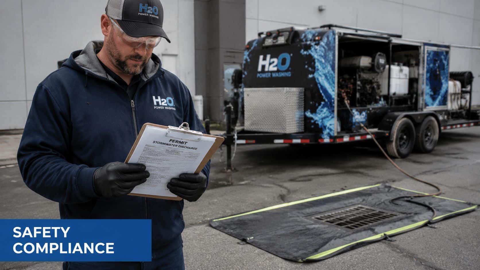 A professional power washing technician checks a stormwater discharge permit near a mobile cleaning trailer unit.