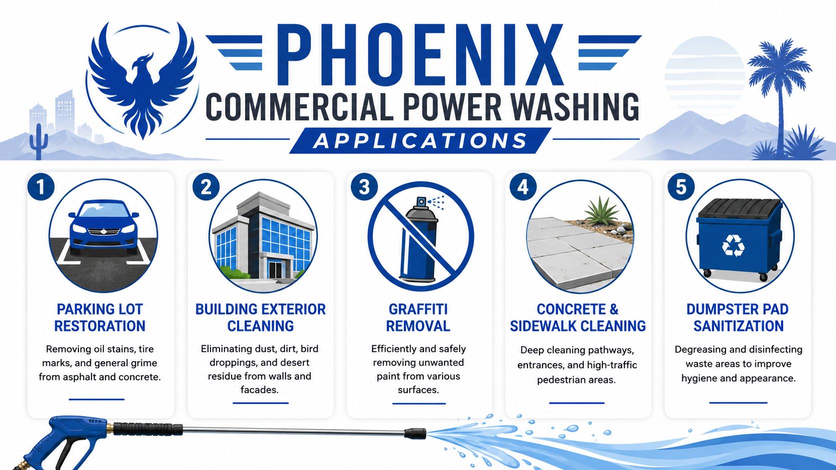 A professional infographic showcasing five commercial power washing applications including parking lots, building exteriors, graffiti, concrete, and dumpsters.