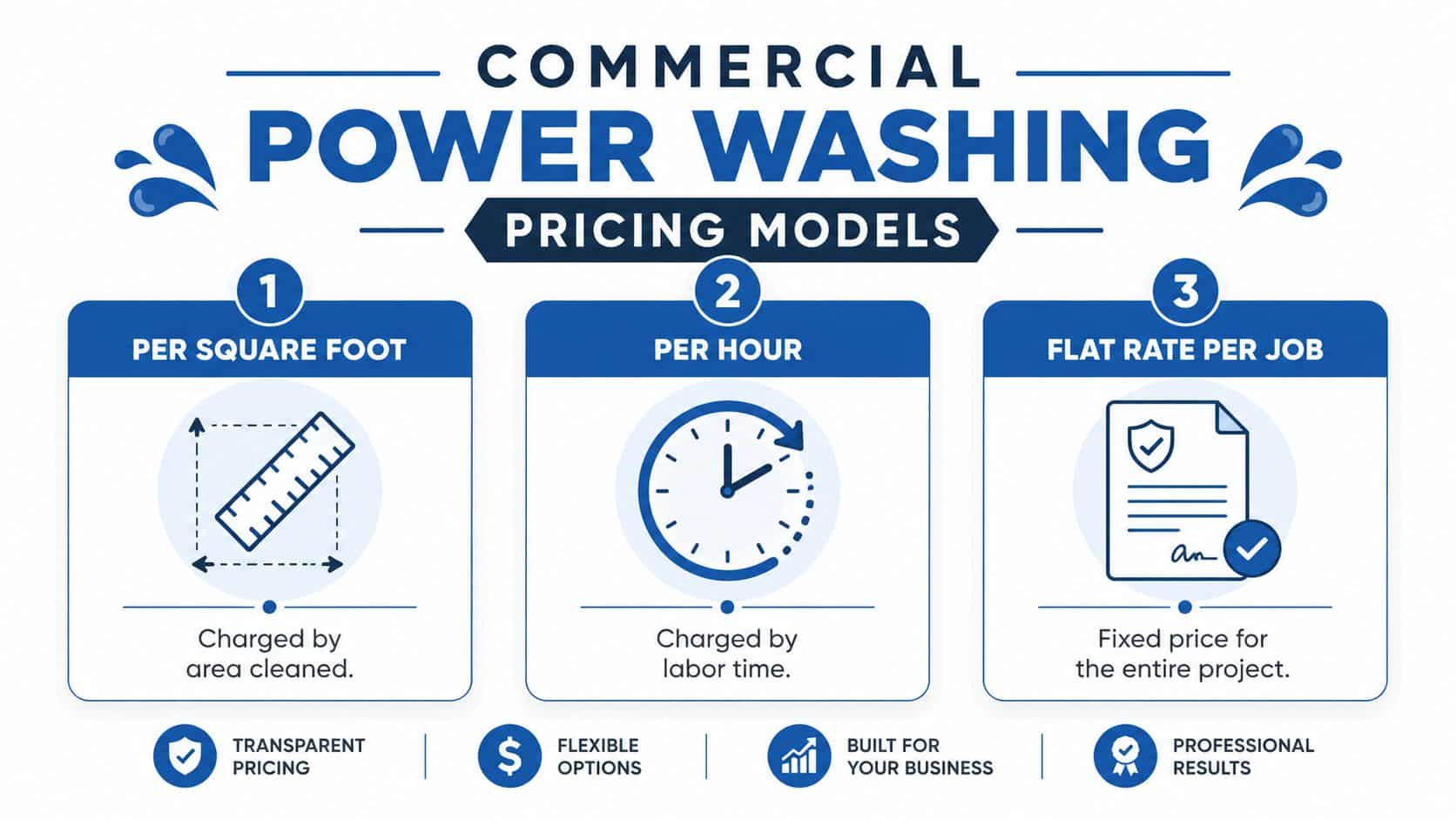 An infographic illustrating three common commercial power washing pricing models per square foot, hour, and project.