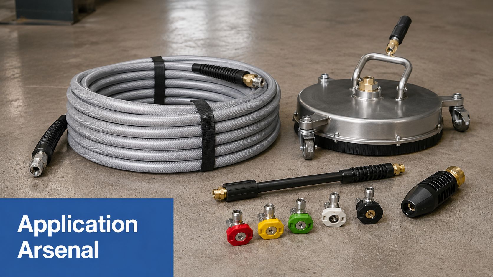 A complete set of commercial power washing equipment including a grey hose, surface cleaner, and various nozzles.
