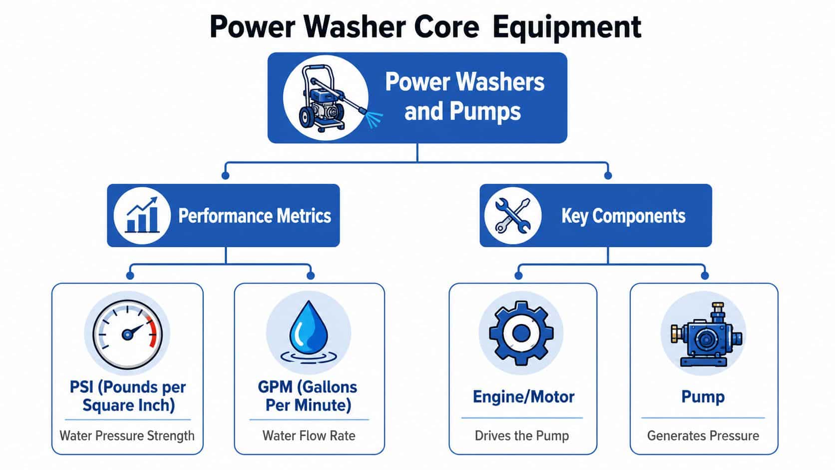 A flow chart outlining power washer core equipment, performance metrics, and key mechanical components of the system.