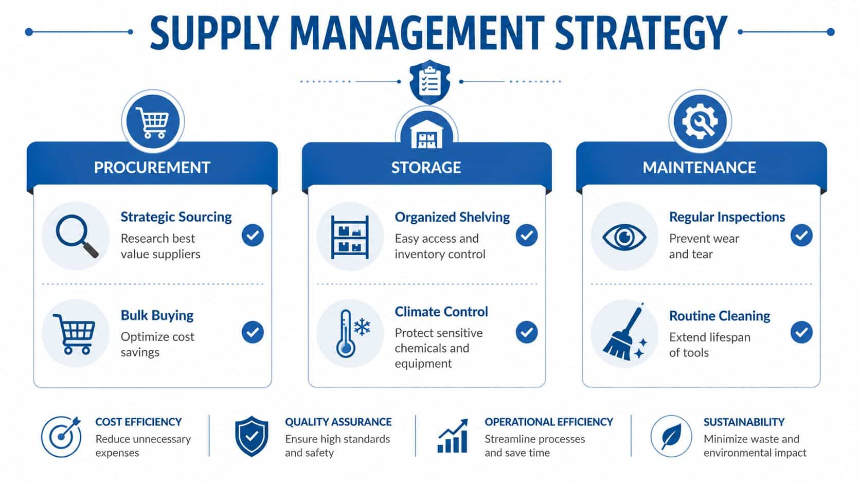 A strategic supply management infographic outlining processes for procurement, storage, and maintenance of operational equipment and materials.