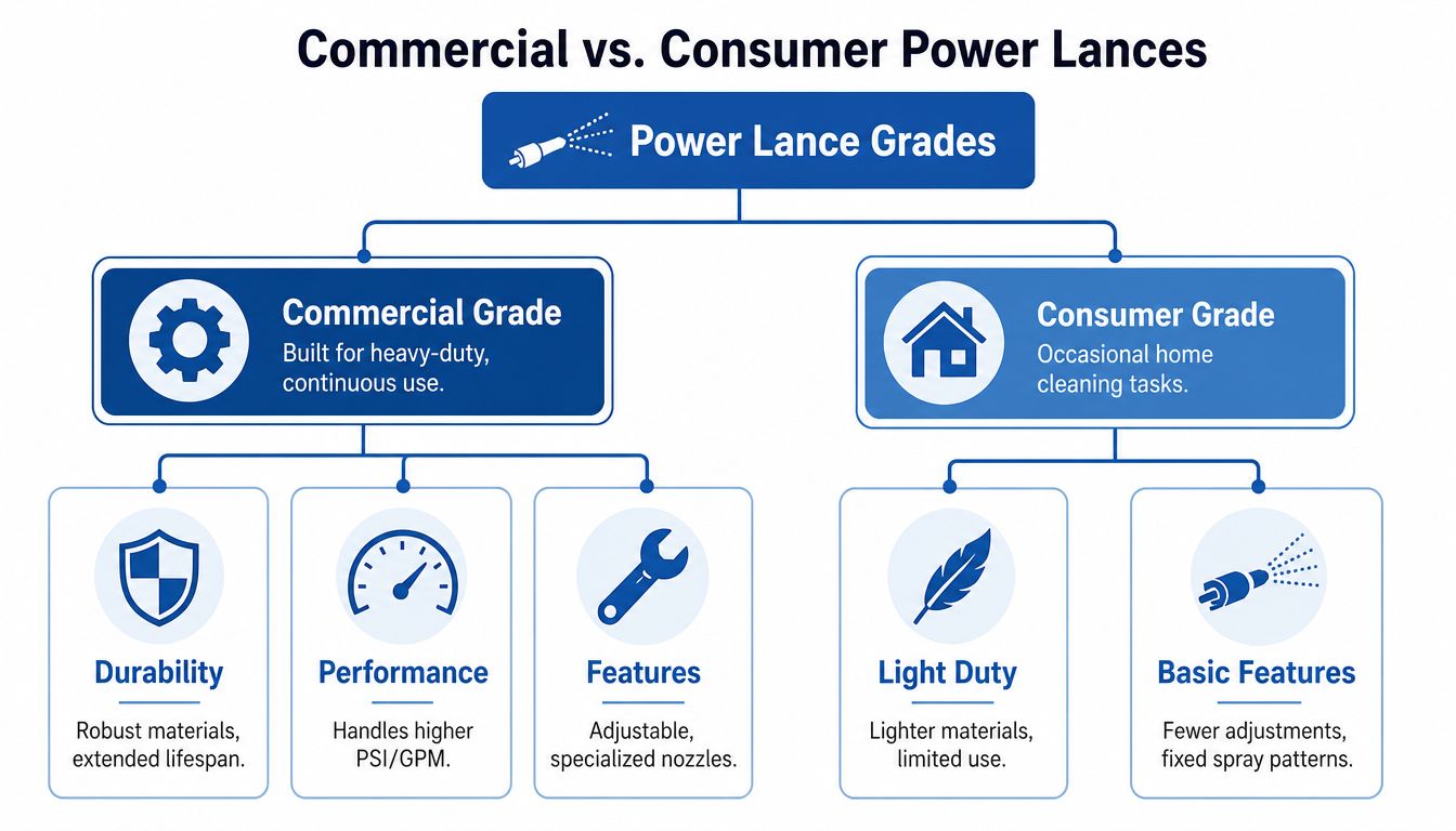A diagram comparing commercial grade power lances with consumer grade lances for cleaning applications.