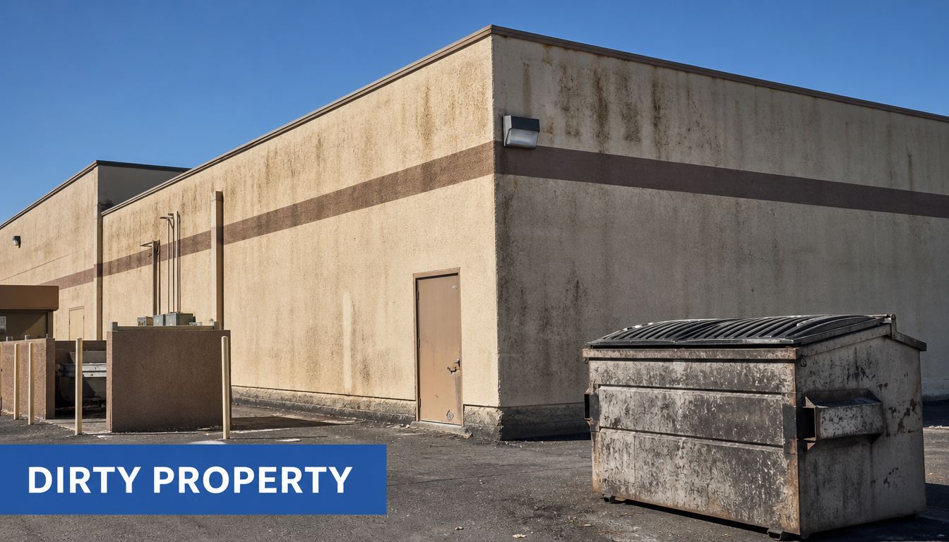 A commercial building exterior wall showing significant dirt, grime, and staining near a metal dumpster.