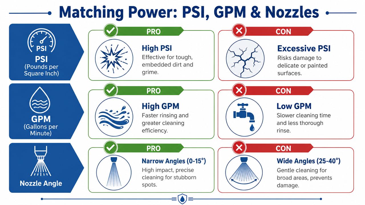 An infographic showing the relationship between PSI, GPM, and nozzle angles for commercial pressure washing performance.