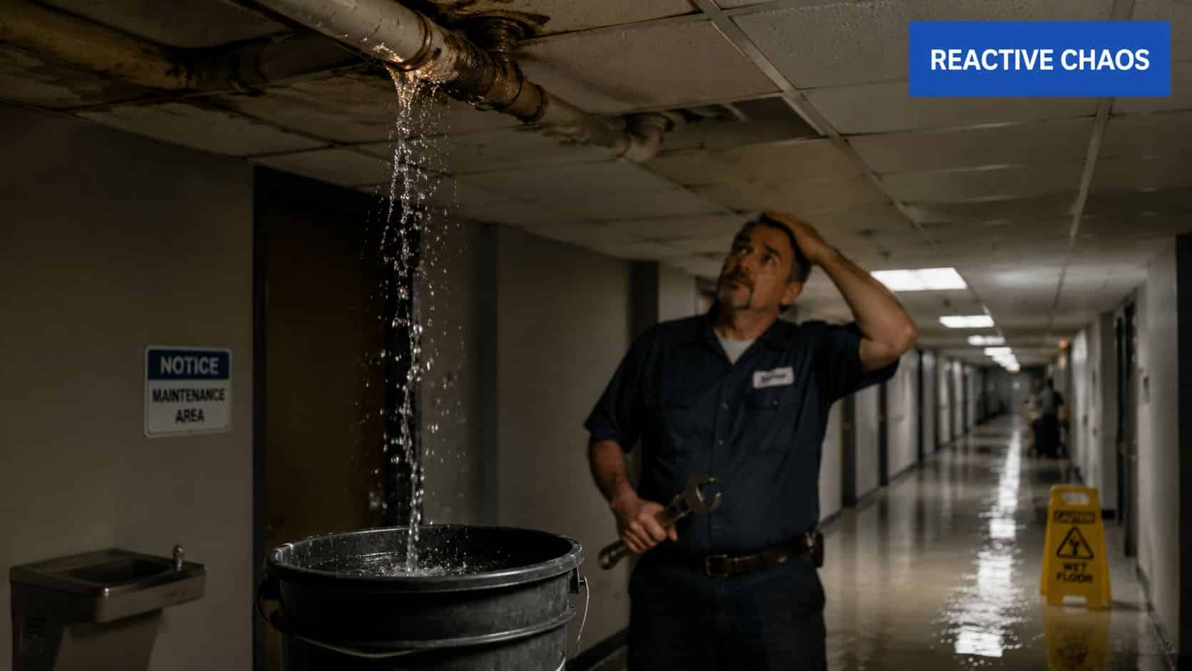A maintenance worker looks frustrated at a leaking ceiling pipe in a commercial building hallway.