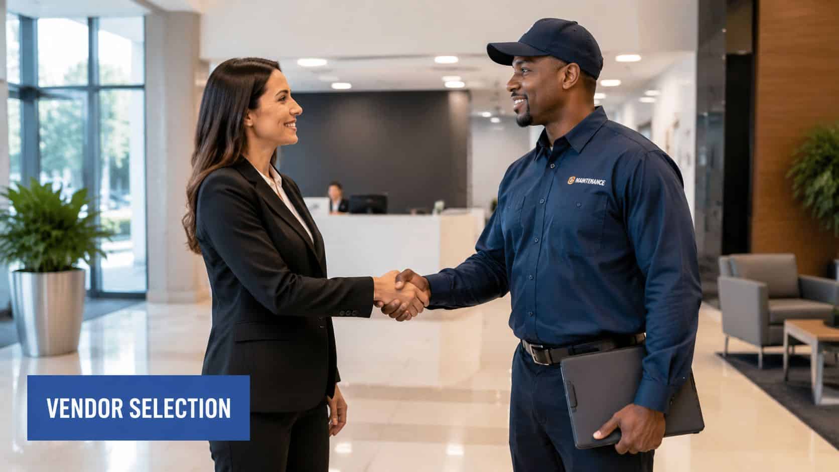 A professional woman in a business suit shaking hands with a commercial property maintenance technician.
