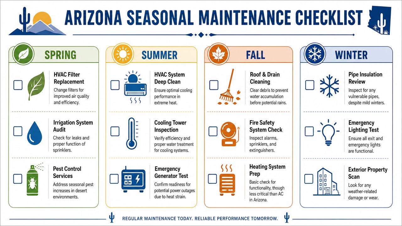 An infographic detailing a seasonal property maintenance checklist for commercial buildings in Arizona across four seasons.