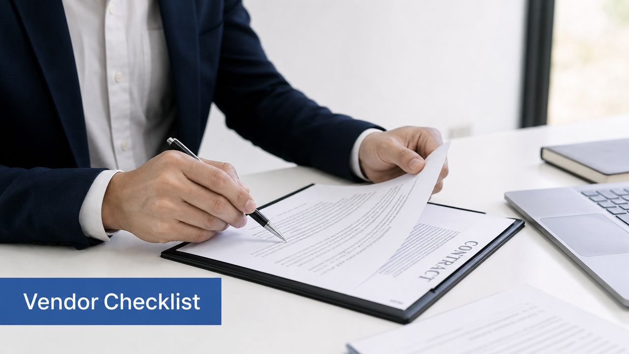 A professional in a business suit reviewing and signing a formal contract at an office desk.