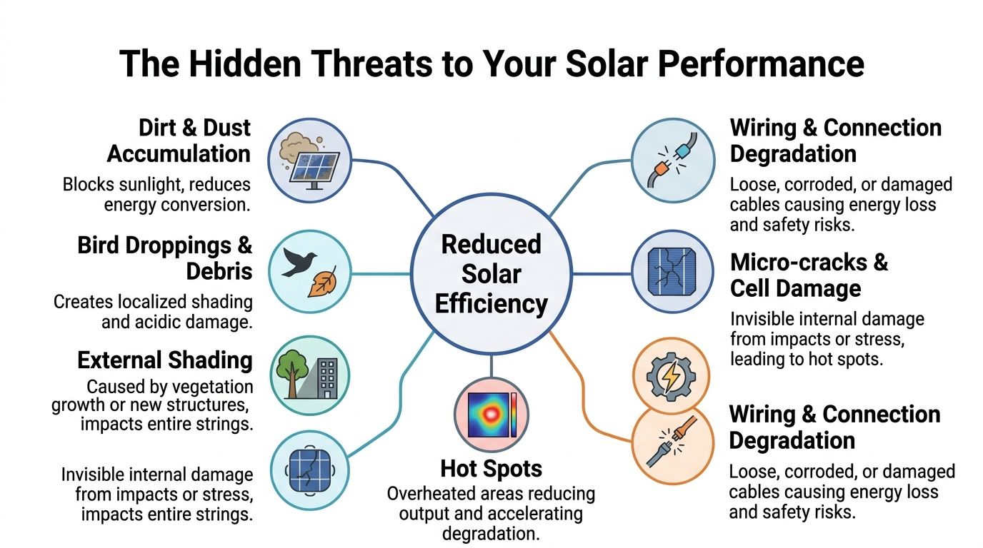 A diagram illustrating various hidden threats that cause reduced solar panel efficiency, including environmental and technical factors.