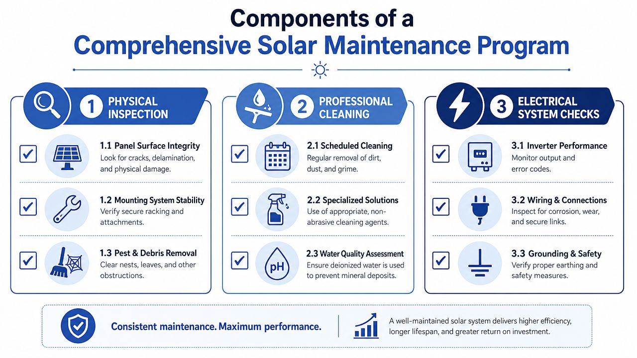 An infographic detailing the three main components of a comprehensive solar maintenance program: inspection, cleaning, and electrical checks.