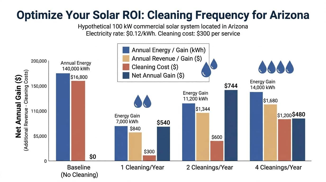 Bar chart illustrating the net financial gain and energy production of commercial solar panels based on cleaning frequency.