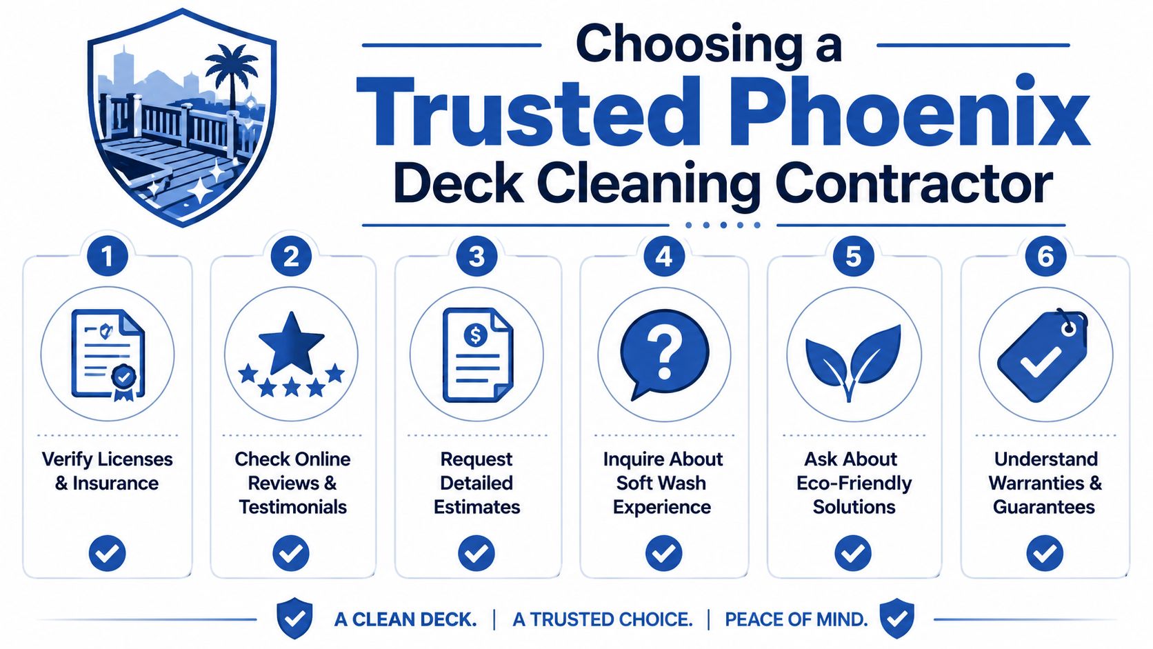 A six-step infographic guide on how to choose a trusted deck cleaning contractor for your home.