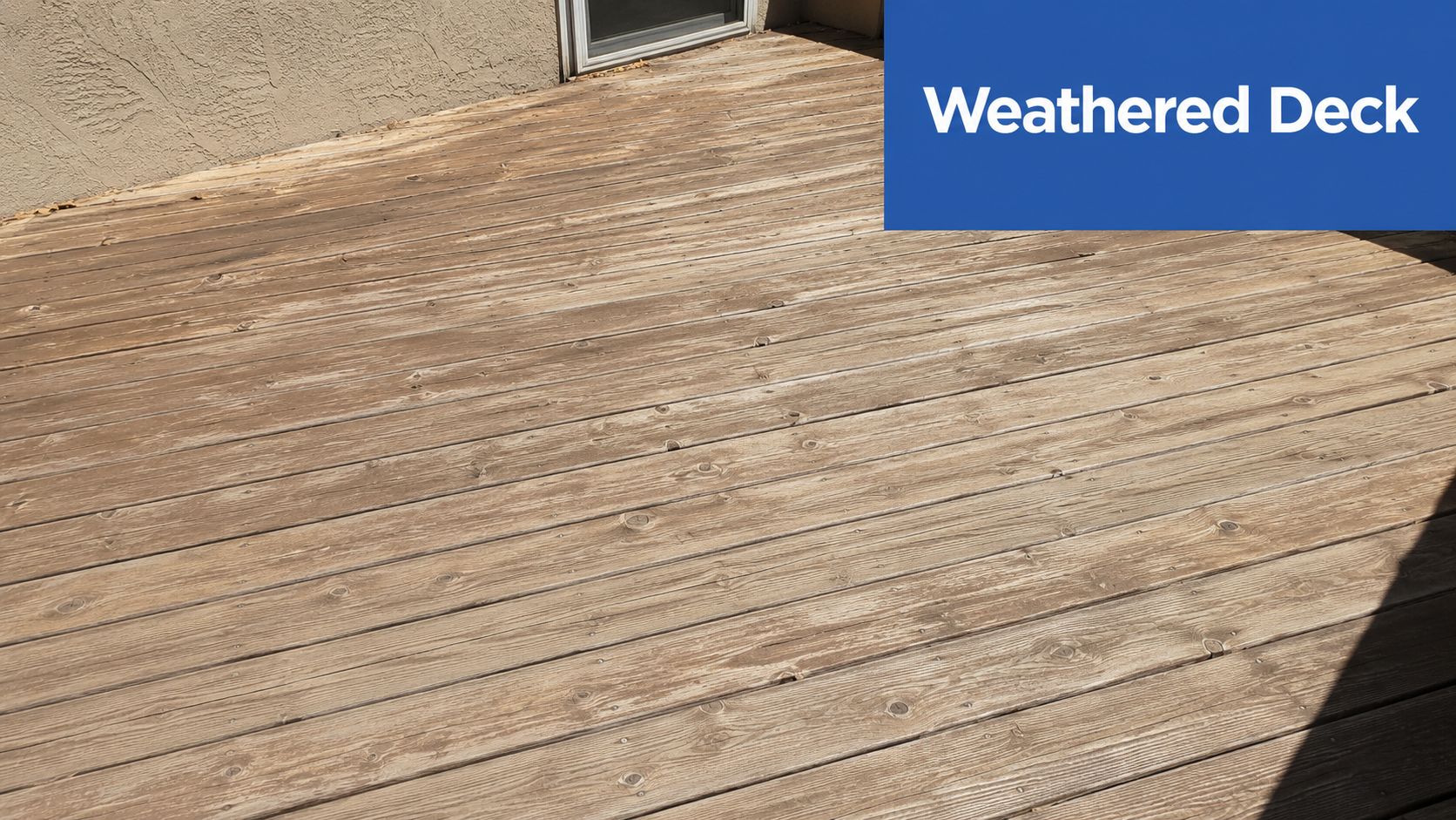 A weathered wooden deck showing signs of aging and discoloration before pressure washing and maintenance services.