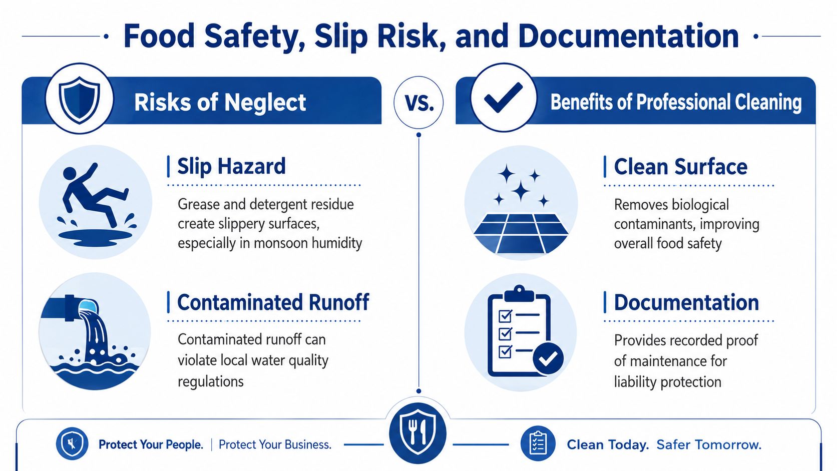 An infographic comparing the risks of neglect in commercial kitchens to the benefits of professional cleaning services.