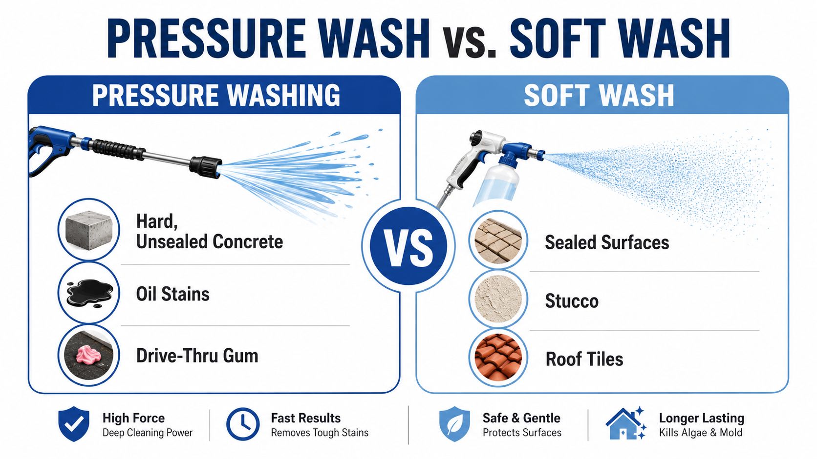 A comparison chart showing the differences between pressure washing and soft washing cleaning methods for various surfaces.