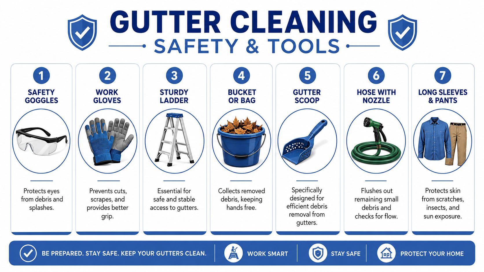 An infographic detailing seven essential safety gear and tools for performing gutter cleaning tasks safely and efficiently.