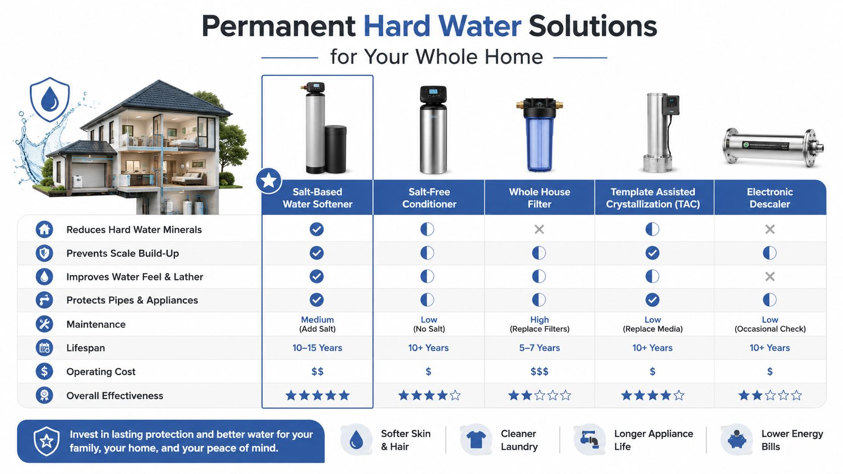 A comparison chart showing various types of whole home hard water treatment and softening systems.