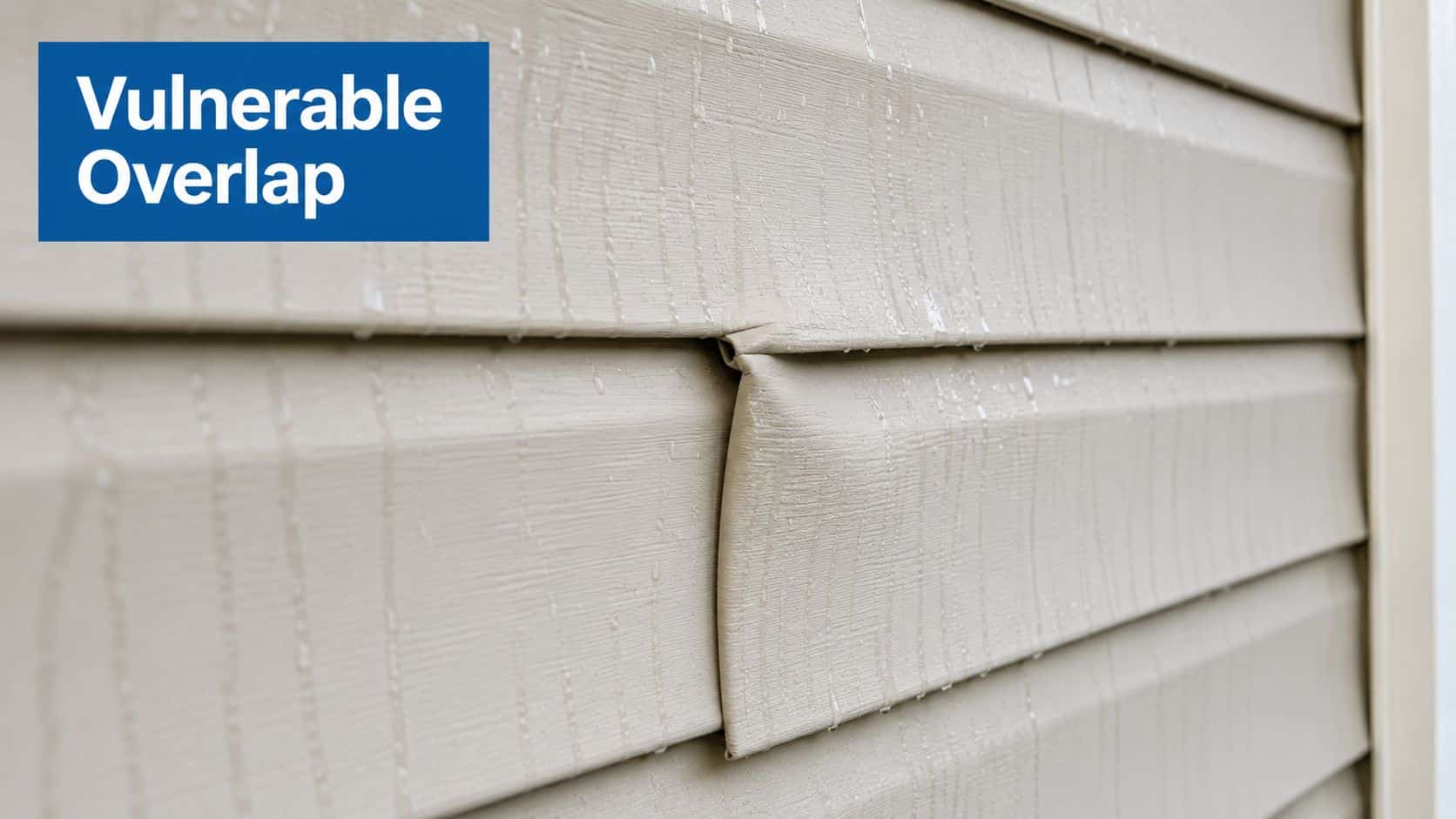 Close-up of damaged beige vinyl siding on a house with a visible gap at the overlap joint.